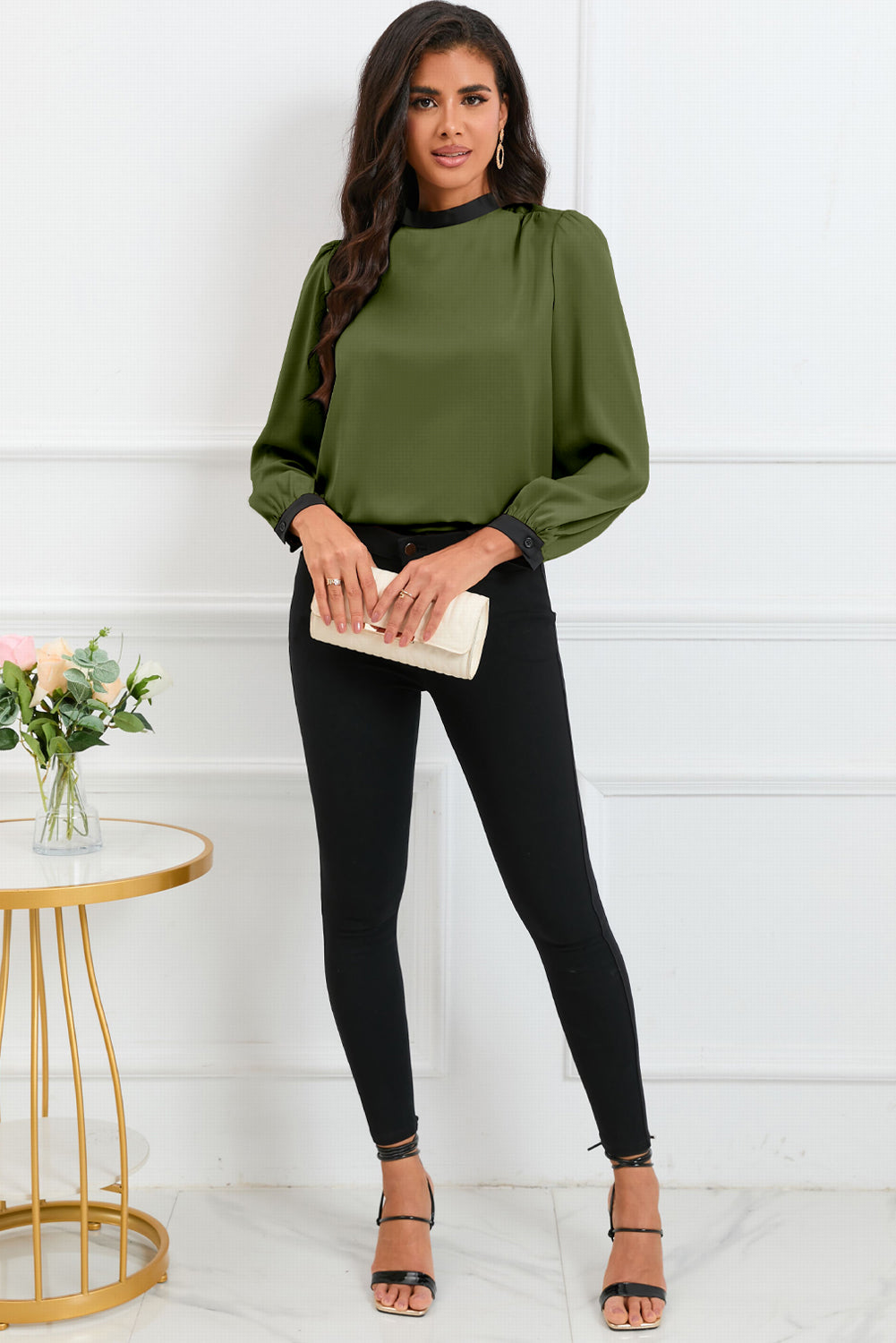 Color Block Bow Back Mock Neck Blouse