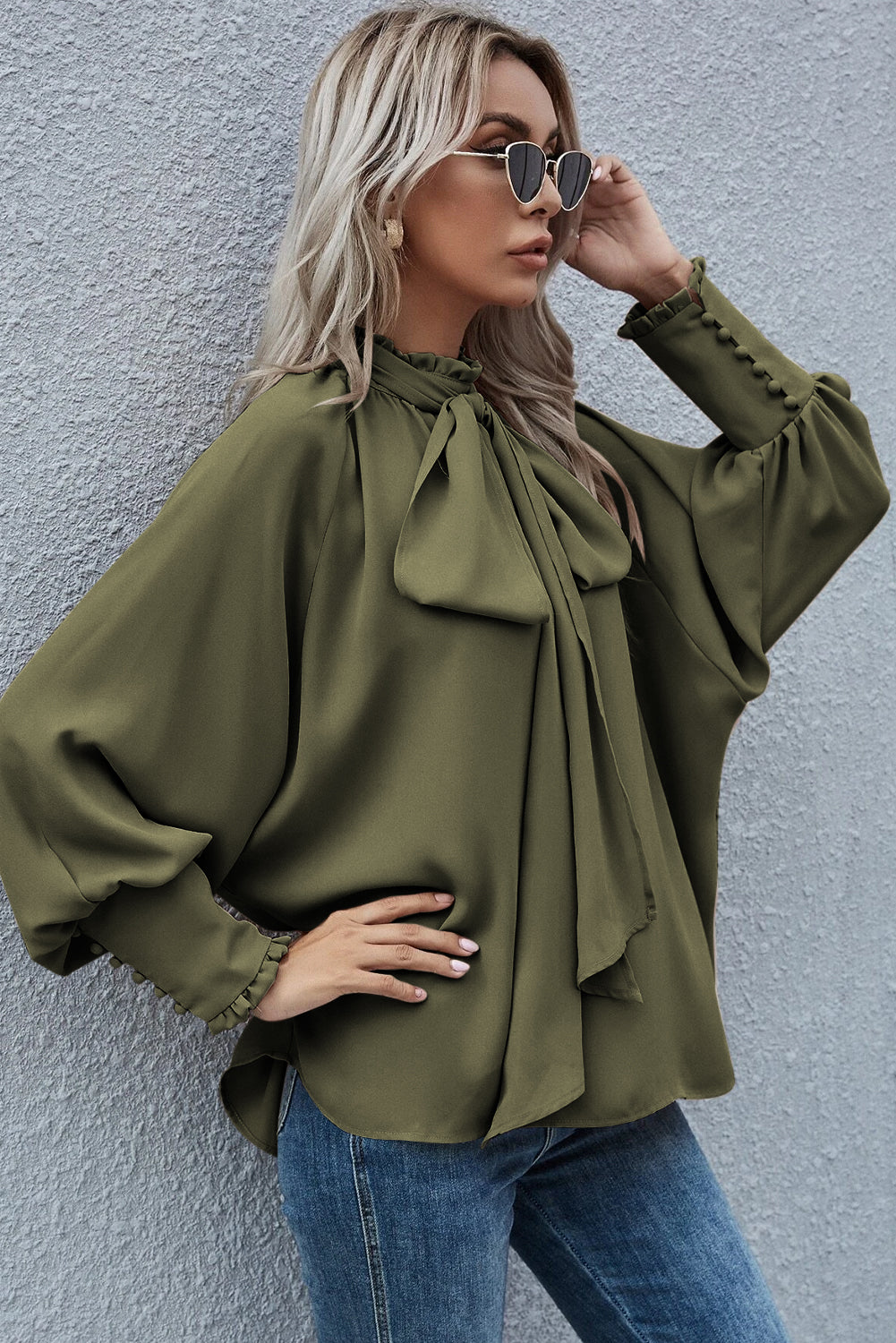 Khaki Frilled Knotted Mock Neck Bishop Sleeve Blouse