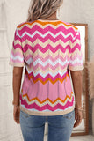 Pink Stripe Chevron Pointelle Knit V Neck Short Sleeve Sweater