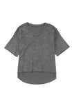 Waffle Knit Seamed Half Sleeve V Neck Top