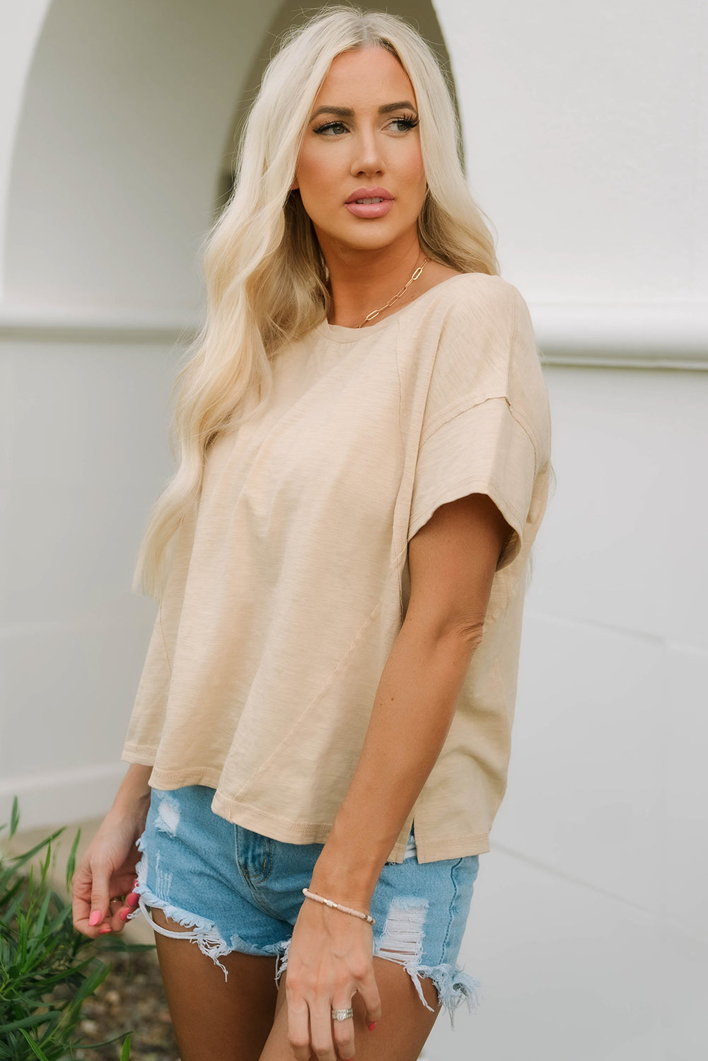 Solid Patched Side Slit T Shirt