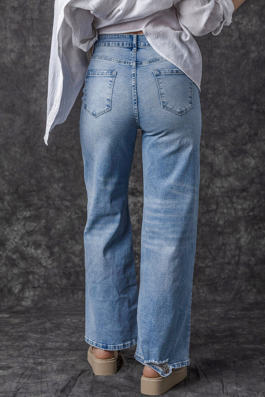 Light Blue High Rise Distressed Straight Leg Jeans