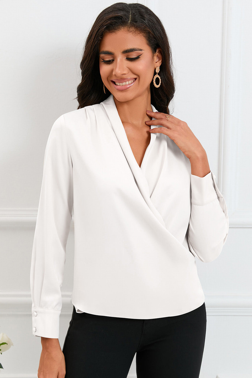 Solid Wrap V Neck Long Sleeve Top