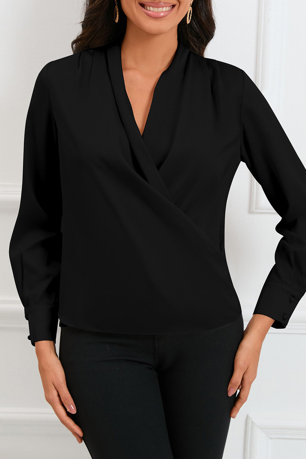 Solid Wrap V Neck Long Sleeve Top