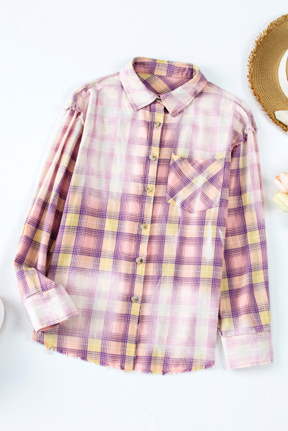 Purple Bleached Plaid Print Exposed Seam Shirt