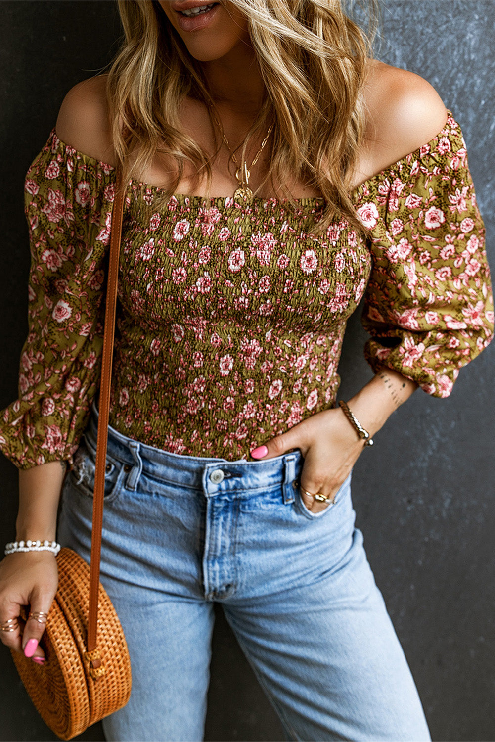 Floral Print Shirred 3/4 Sleeve Off Shoulder Blouse