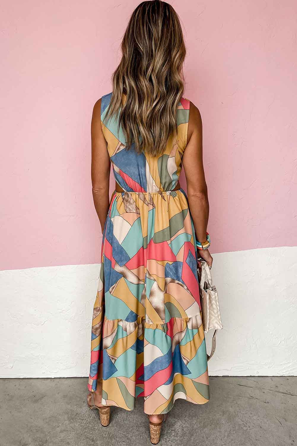 Abstract Print O-ring Cut out Long Sleeve Maxi Dress