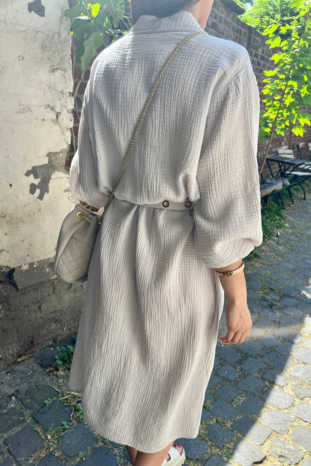 Textured Turn Down Collar Long Shirt Dress