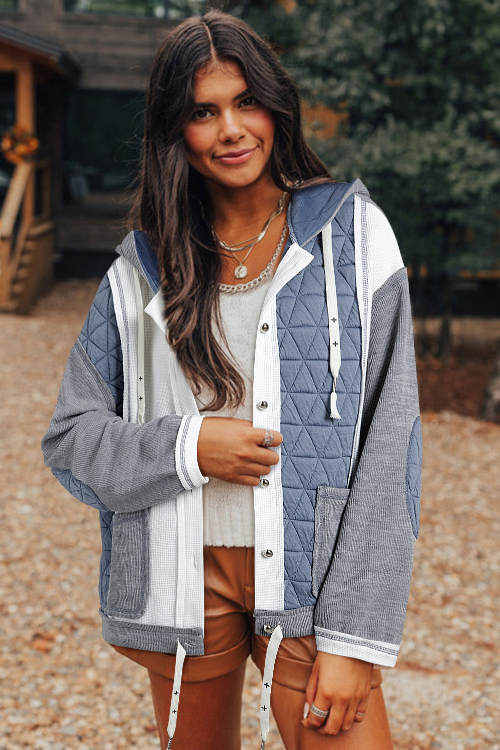 Light Blue Quilted Textured Patchwork Loose Fit Hooded Jacket