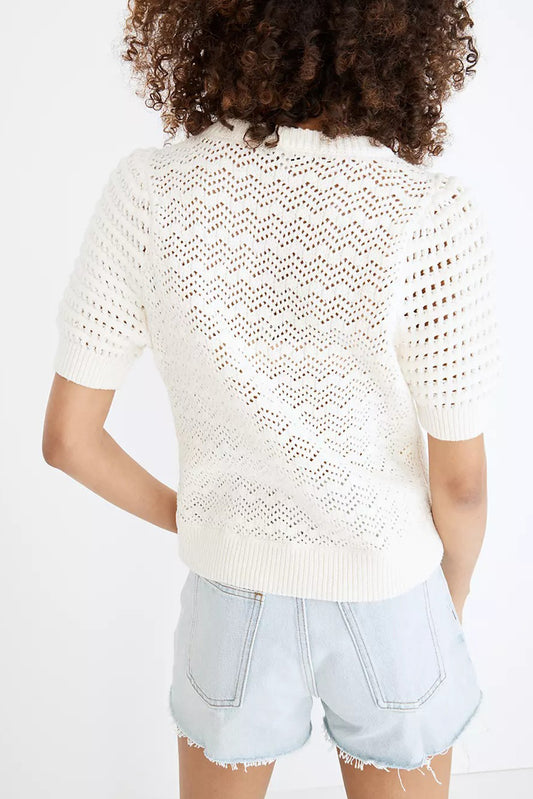 Hollowed Knit Short Puff Sleeve Sweater Tee