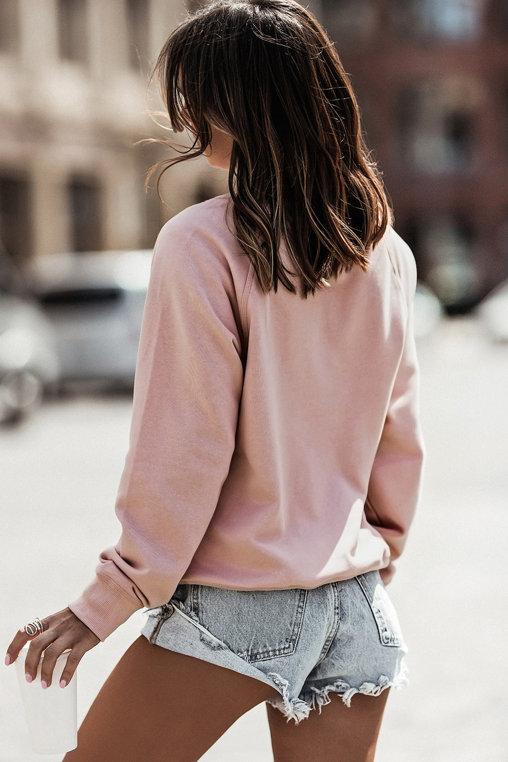 Pink French Terry Cotton Blend Pullover Sweatshirt