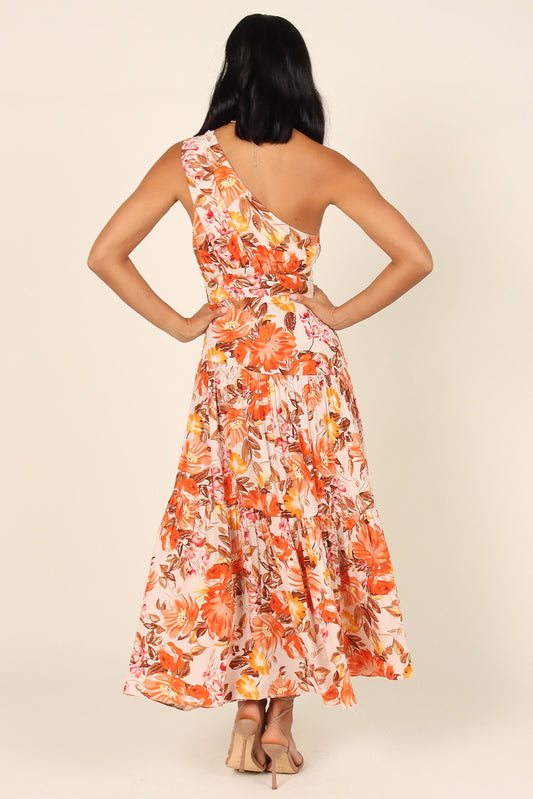 Robe longue plissée à imprimé floral et à une épaule taille haute orange