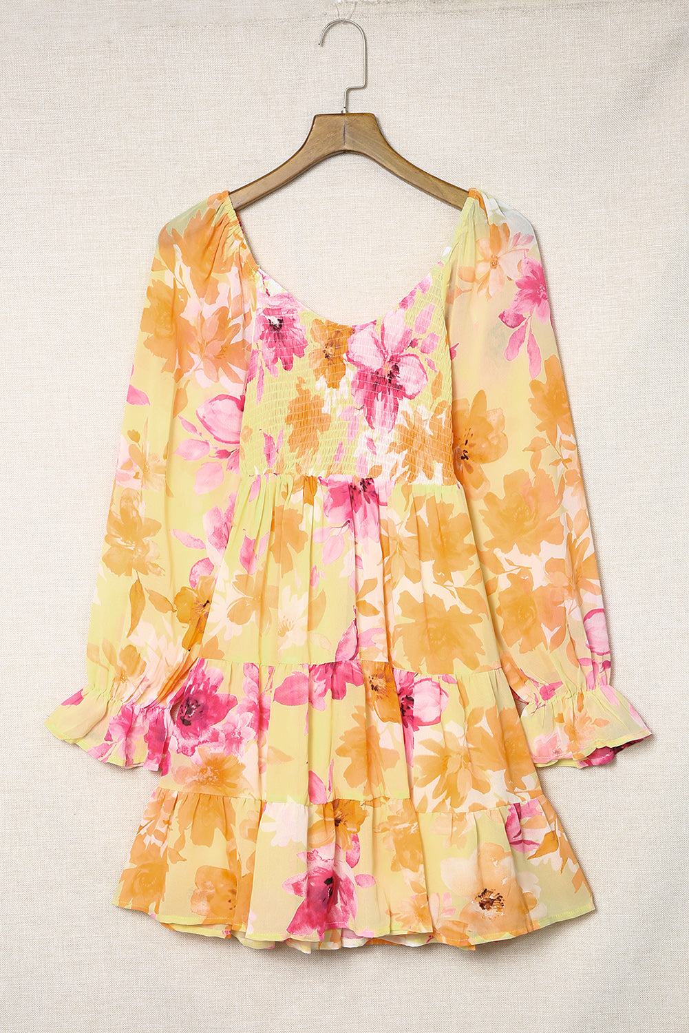 Square Neck Puffy Sleeve Tiered Floral Dress