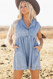 Beau Blue Lapel Neck Cap Sleeve High Waist Denim Babydoll Dress