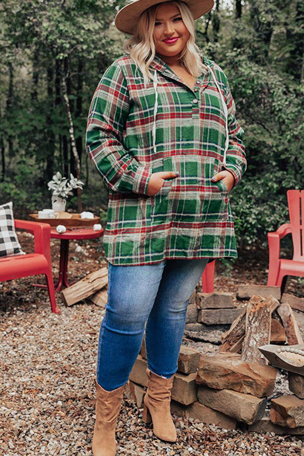 Plus Size Plaid Kangaroo Pocket Drawstring Hoodie