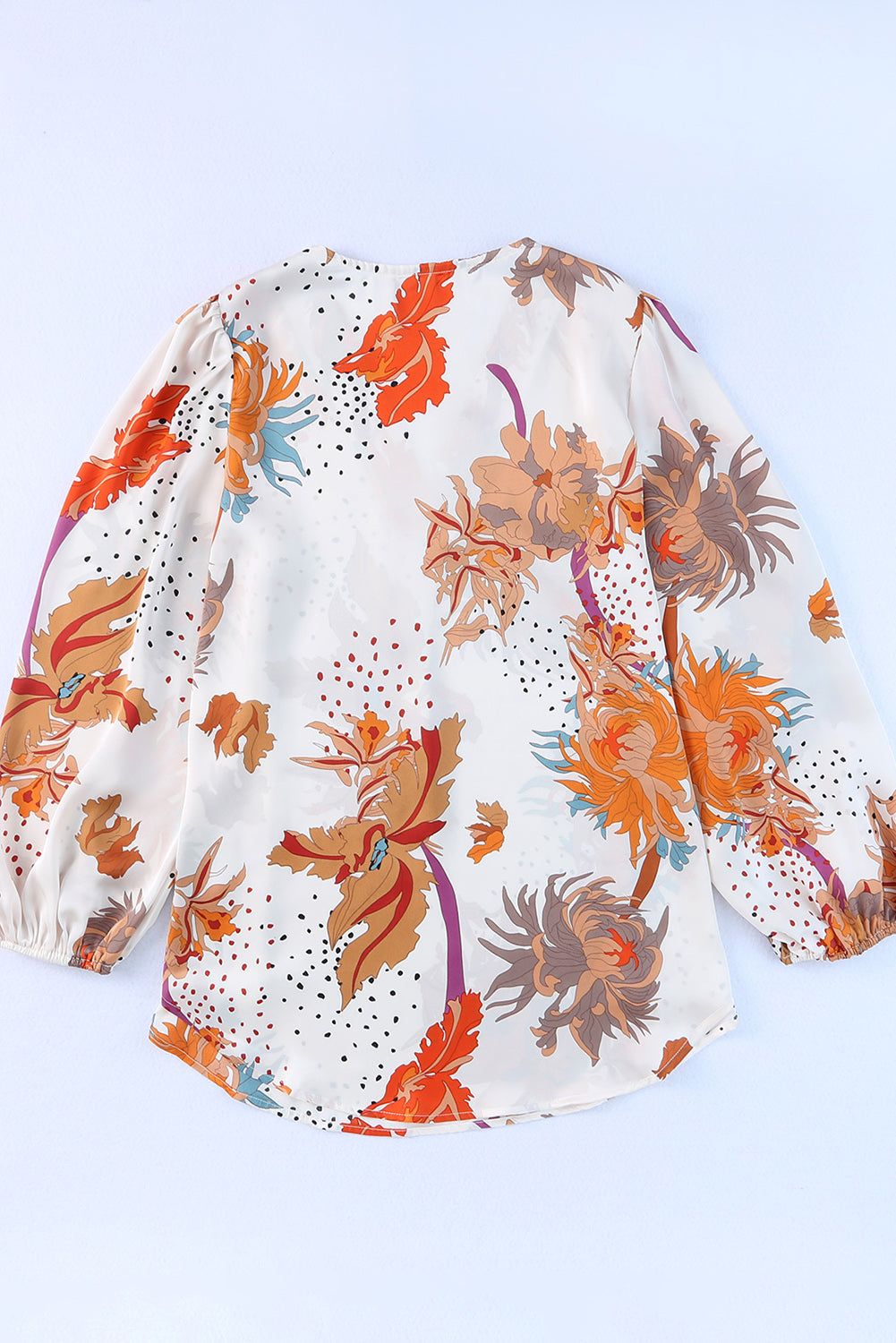 White V Neck Loose Sleeve Floral Blouse