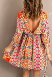 Multicolour V Neck 3/4 Sleeve Bohemian Vintage Print Mini Dress