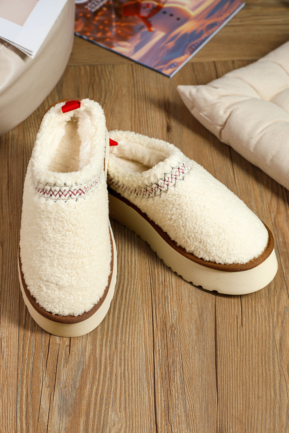 Chestnut Embroidered Sherpa Plush Thick Sole Snow Boots
