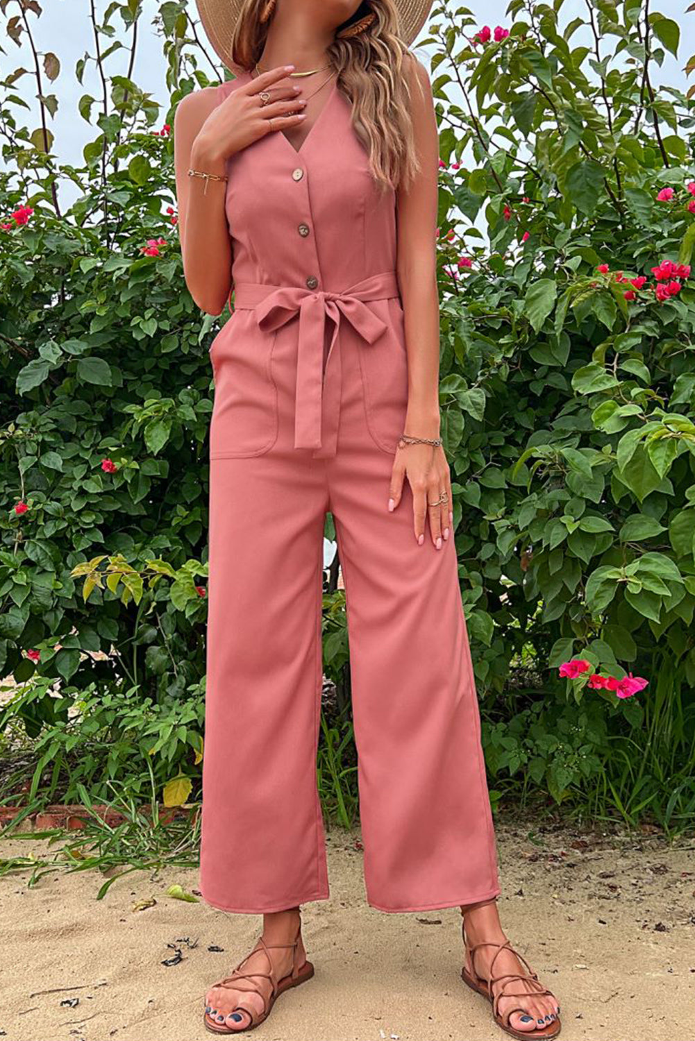 Button V Neck Sleeveless Jumpsuit with Belt