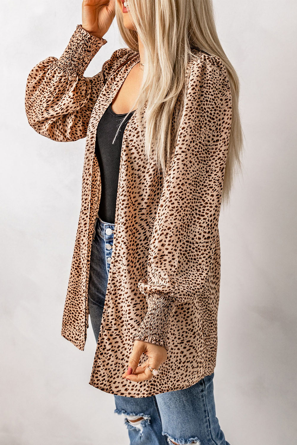 Animal Print Shirred Cuff Lantern Sleeve Cardigan