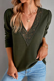 Lace Patchwork V Neck Waffle Knit Top