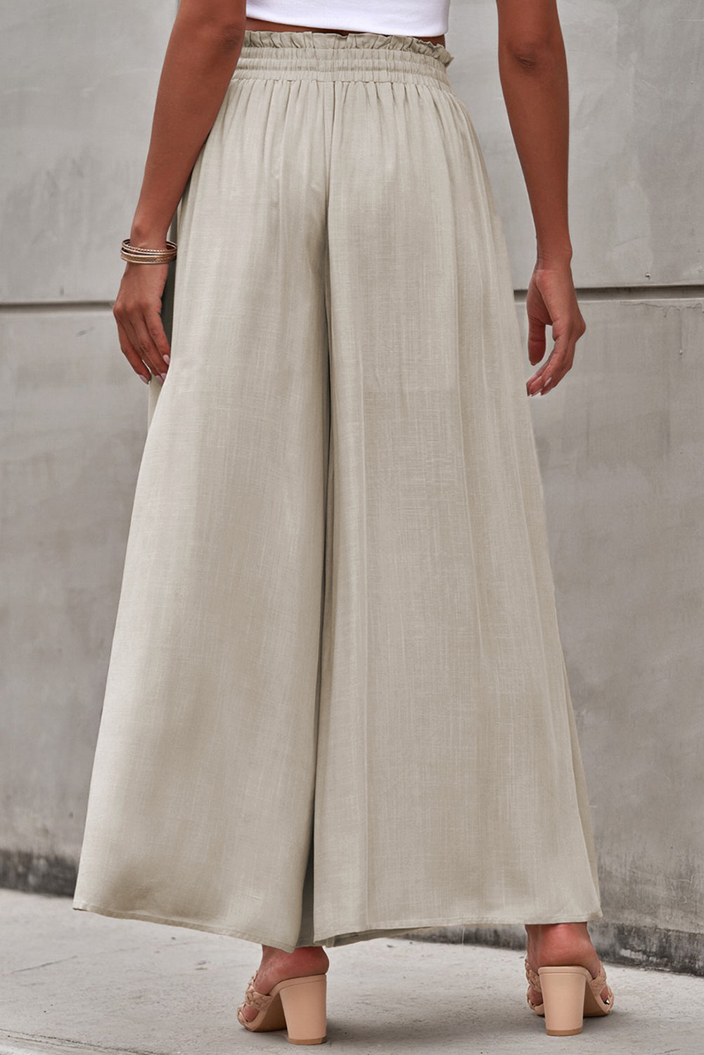 Gray Drawstring Smocked High Waist Wide Leg Pants