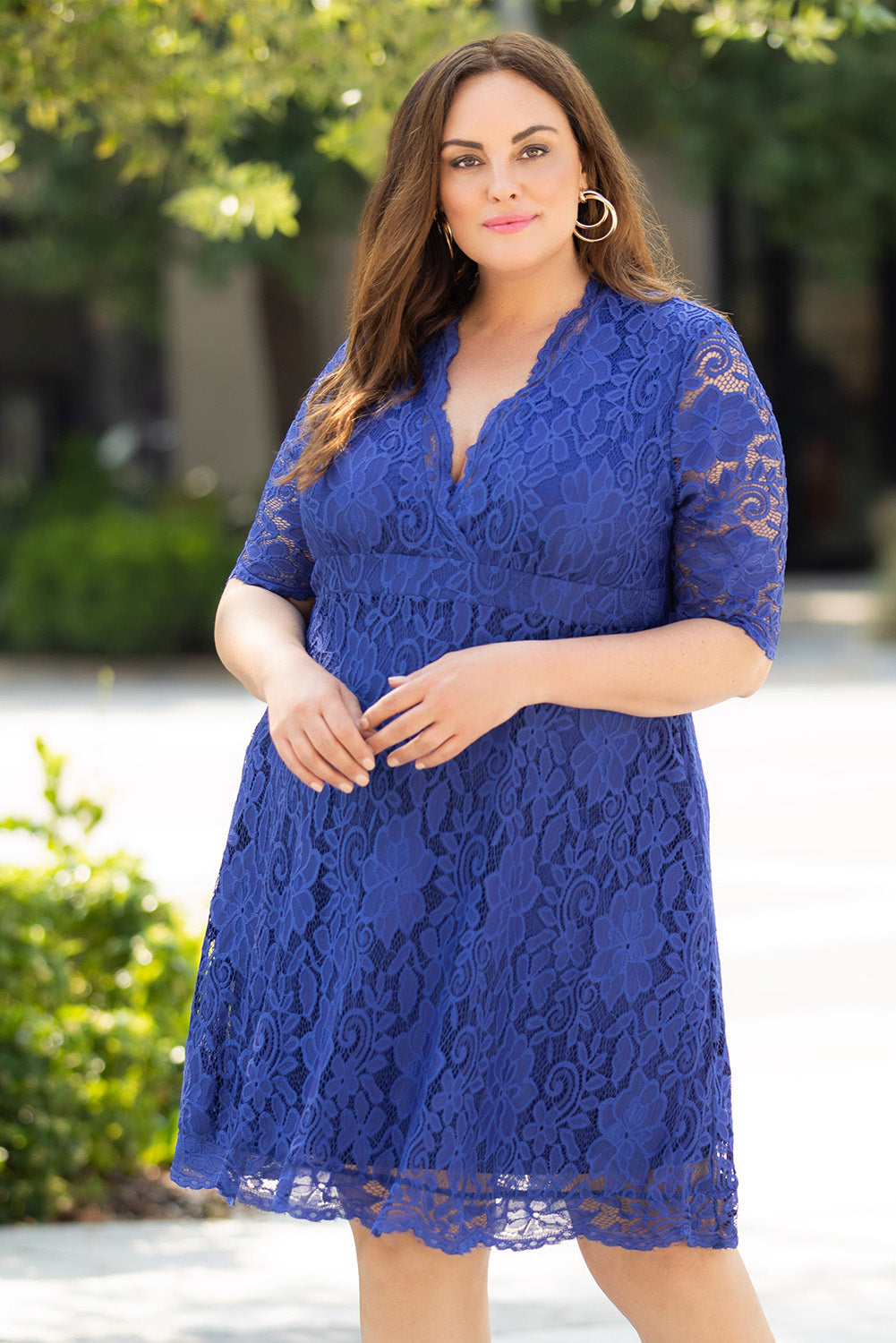 Plus Size Half Sleeve Lined Lace Midi Dress