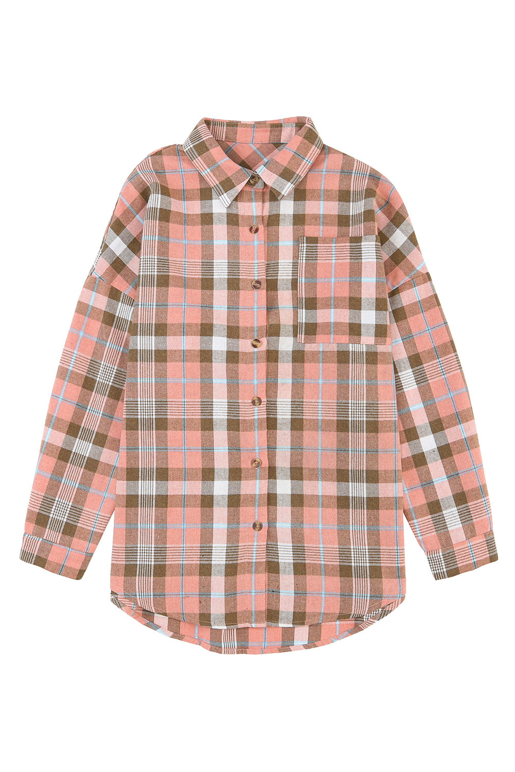 Drop Shoulder Rounded Hem Plaid Pattern Shirt