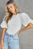 Checkered Puff Sleeve Ribbed Knit Top