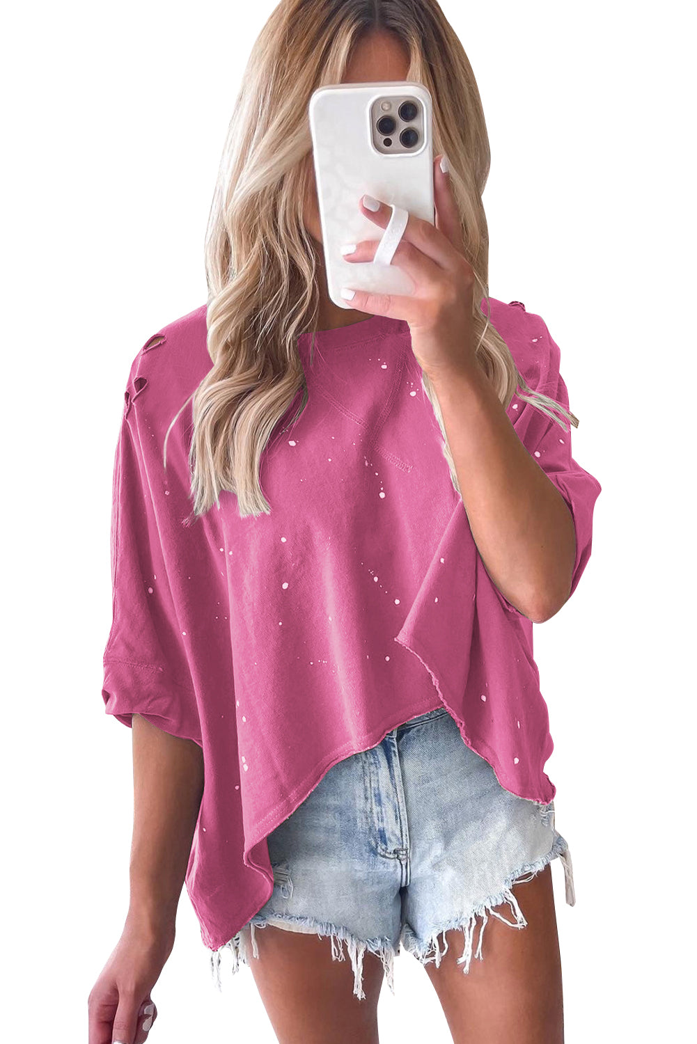 Distressed Bleached Asymmetric Hem Short Sleeve Top