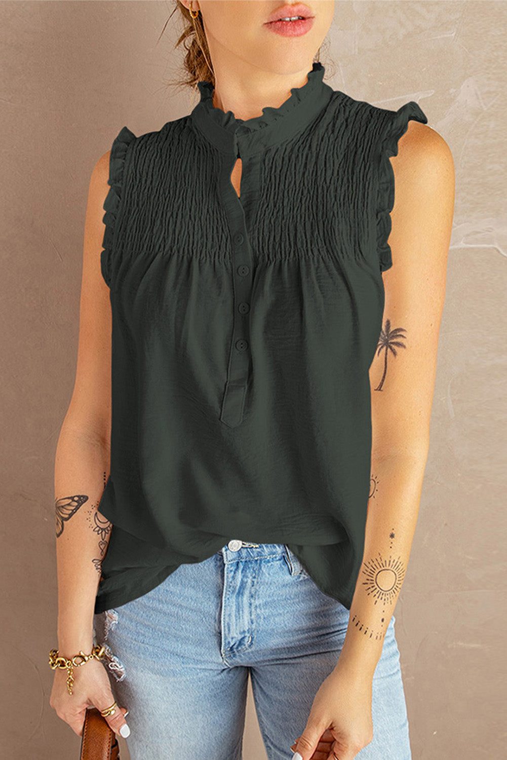 Frilled Tank Top with Buttons