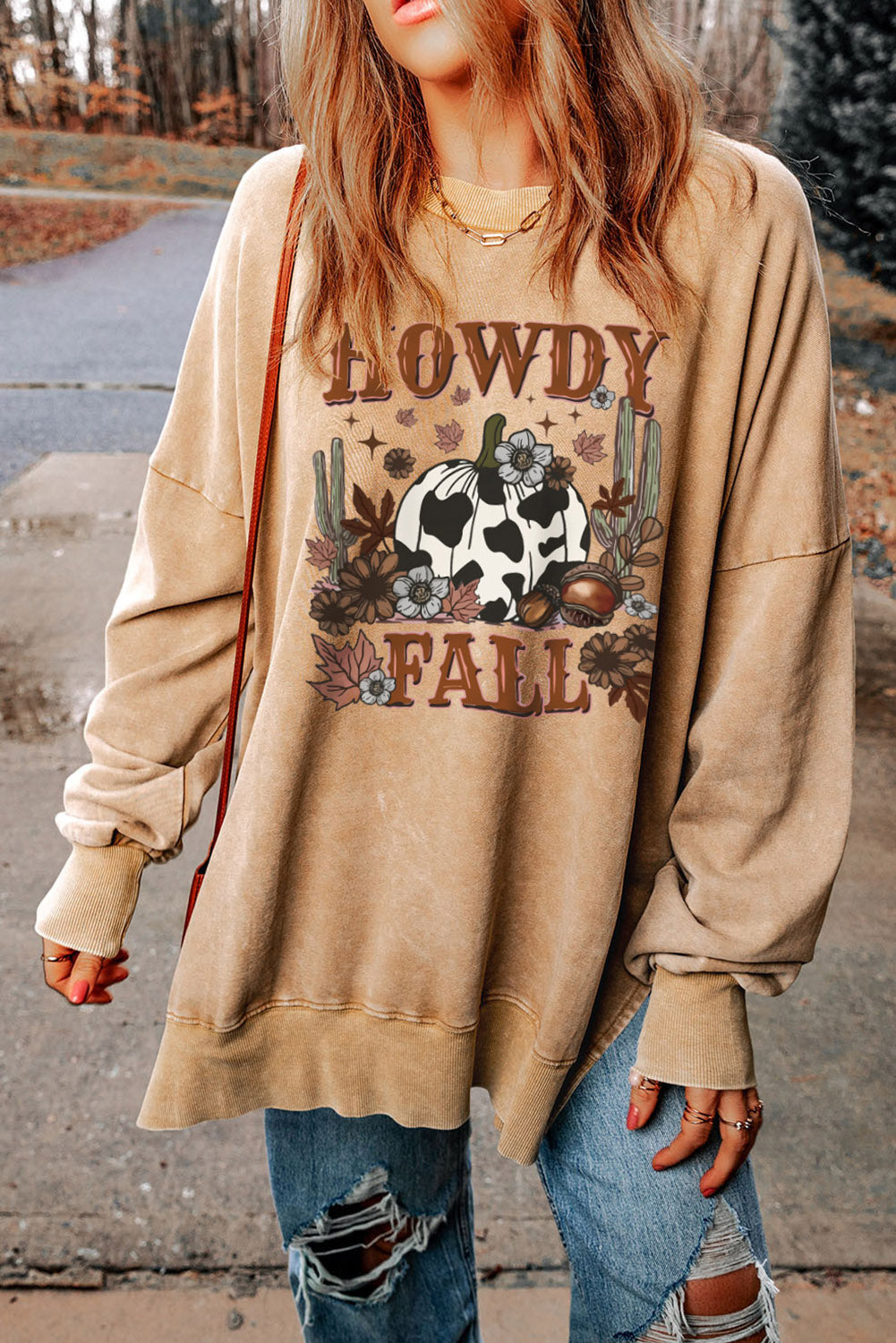 HOWDY FALL Pumpkin Print Split Hem Sweatshirt