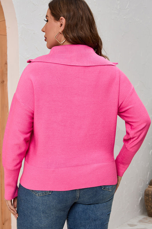 Pull à Col Zippé Rose Uni à Bordure Côtelée de Grande Taille