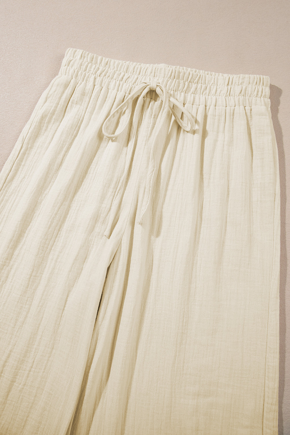 White Textured Loose Fit Drawstring High Waist Pants