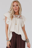 Stripe Ruffled Sleeve Embroidered Blouse