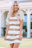 Lace Crochet Short Sleeve Drawstring Striped Dress