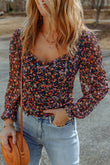 Black V Neck Bubble Sleeve Floral Blouse