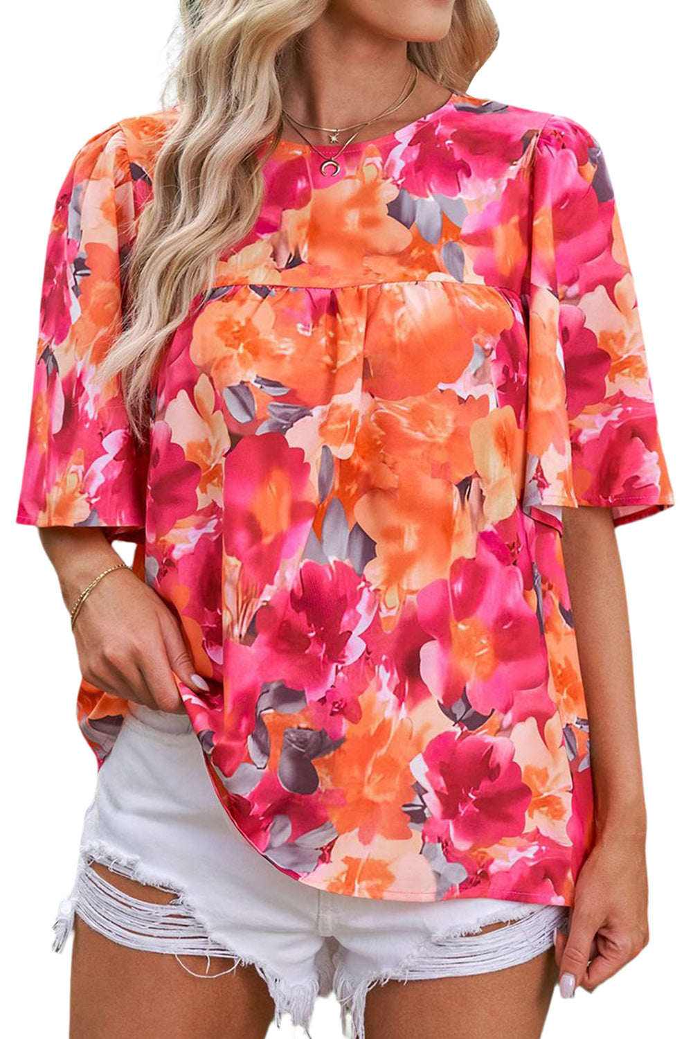 Floral Print Split Neck Tassel Tie Blouse