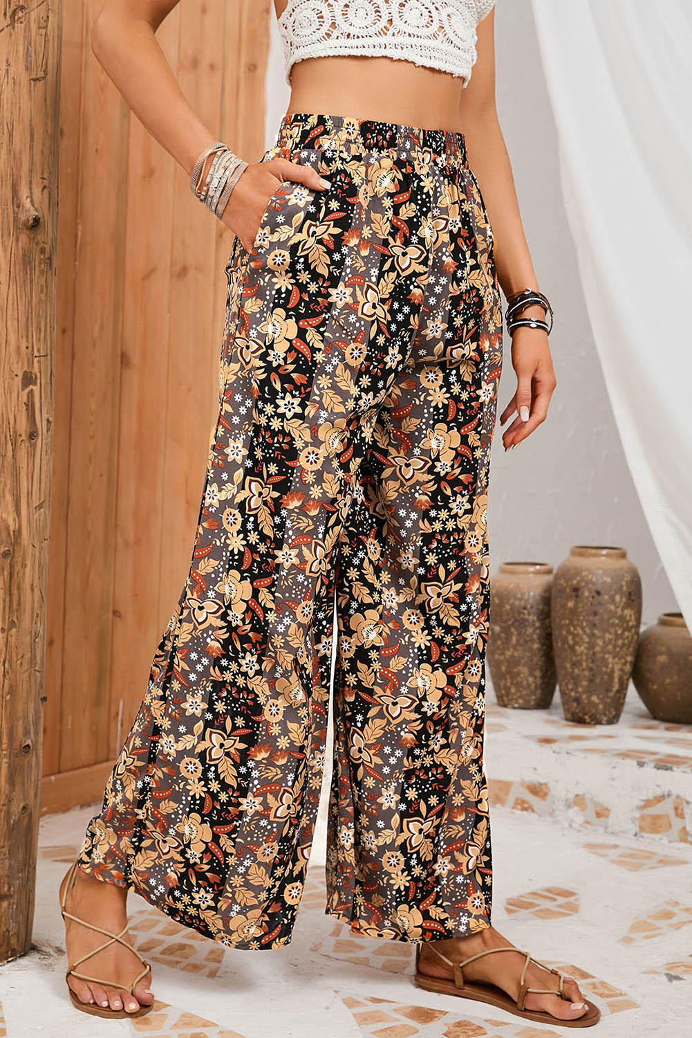 Floral Print High Waist Wide Leg Pants