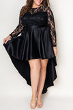 Plus Size Sheer Lace Splice High Low Satin Dress