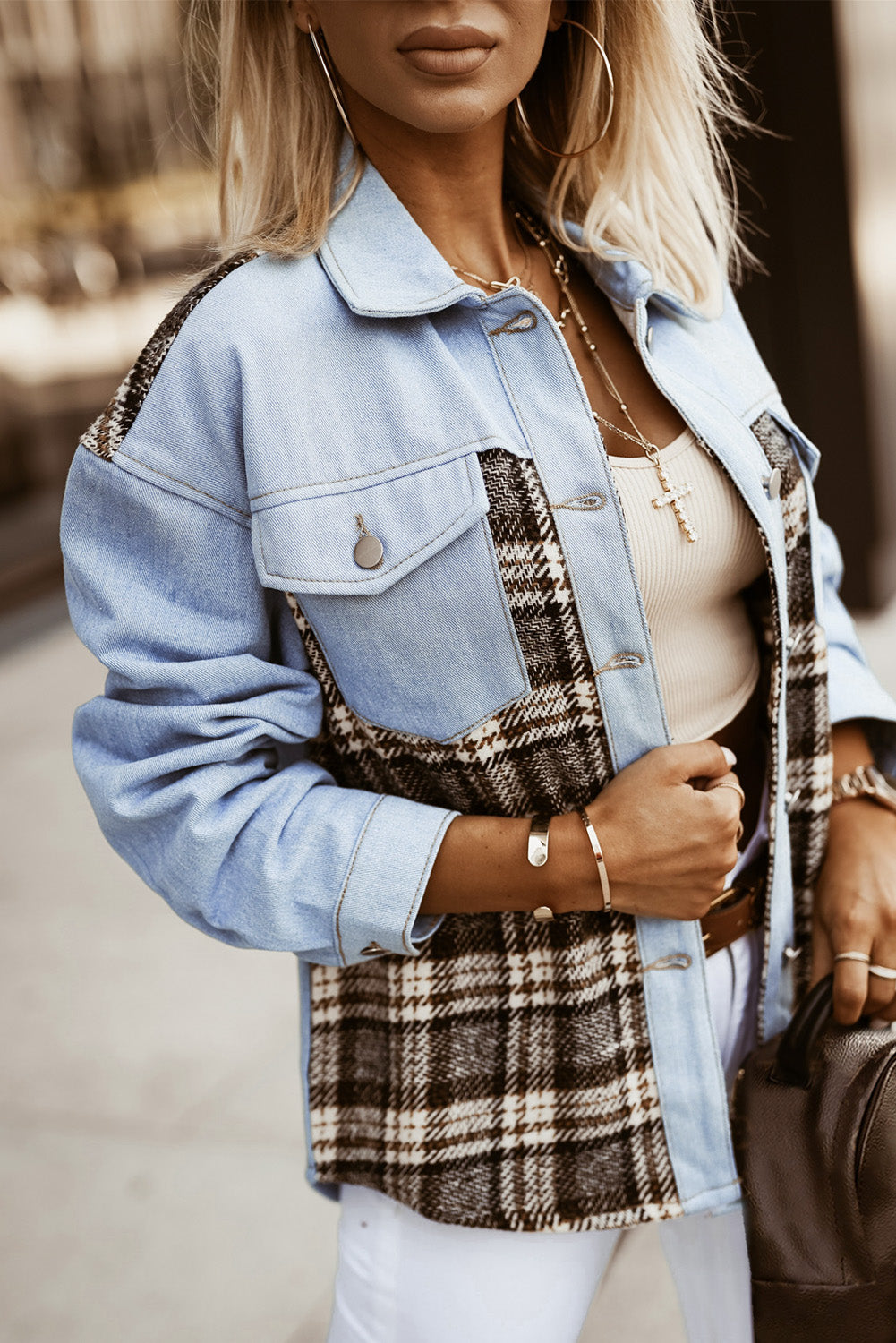 Plaid Patchwork Raw Hem Denim Jacket