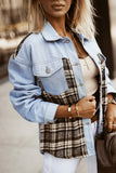 Plaid Patchwork Raw Hem Denim Jacket