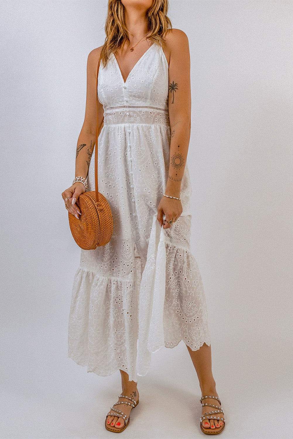 Embroidered Spaghetti Straps Maxi Dress with Pearls