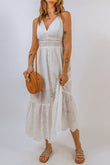 Embroidered Spaghetti Straps Maxi Dress with Pearls