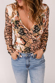 Baroque Print Wrap V Neck Long Sleeve T Shirt