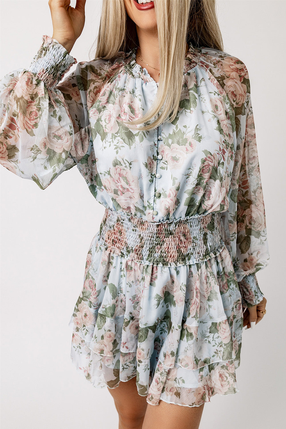 Floral Print Tiered Ruffled Shirred High Waist Mini Dress