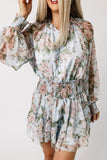 Floral Print Tiered Ruffled Shirred High Waist Mini Dress