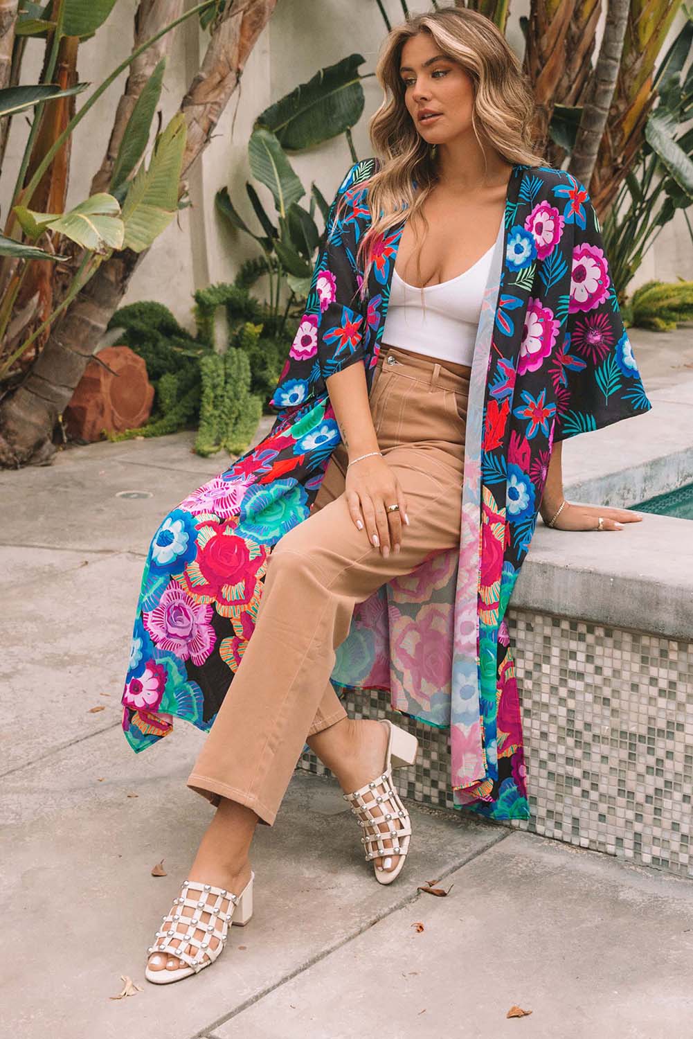 Bohemian Floral Print Half Sleeve Open Front Kimono