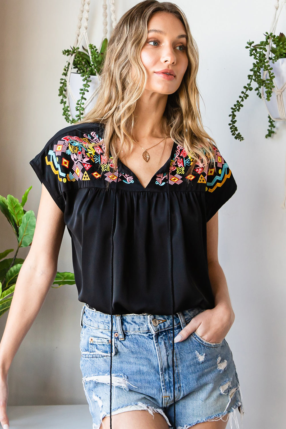 Geometric Floret Embroidered Short Sleeve Blouse