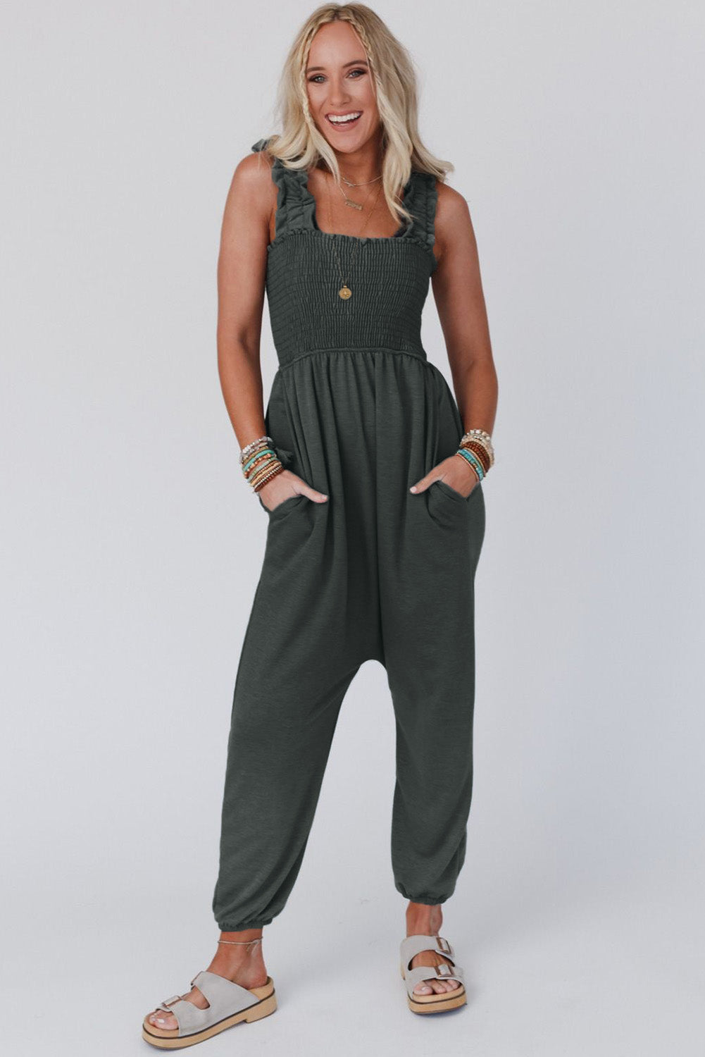 Smocked Ruffled Straps High Waist Sleeveless Jumpsuit